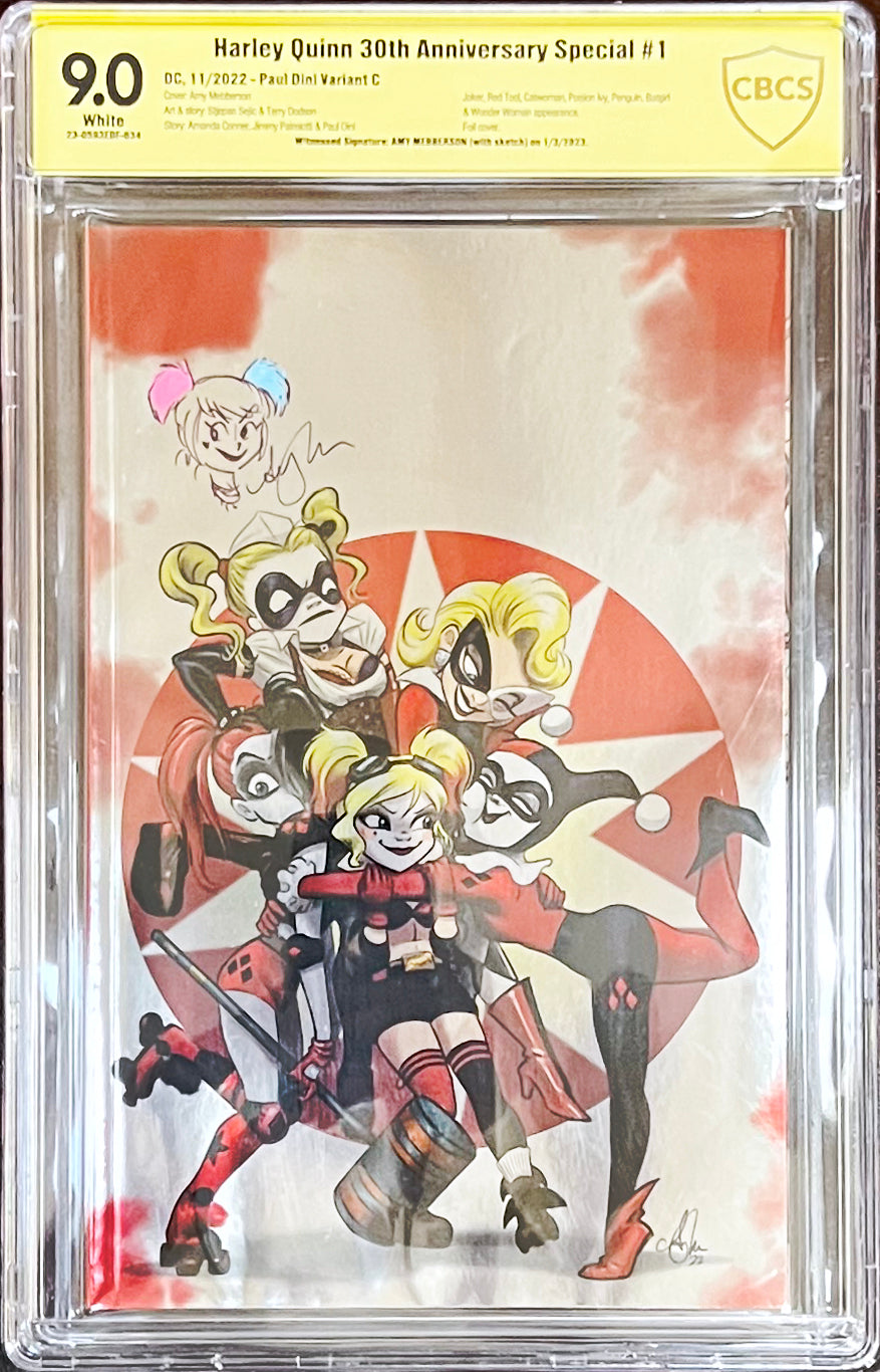 Harley Quinn 30th Anniversary Special #1 - Paul Dini Variant Foil Cover signed by Amy Mebberson with Remarque - CBCS 9.0