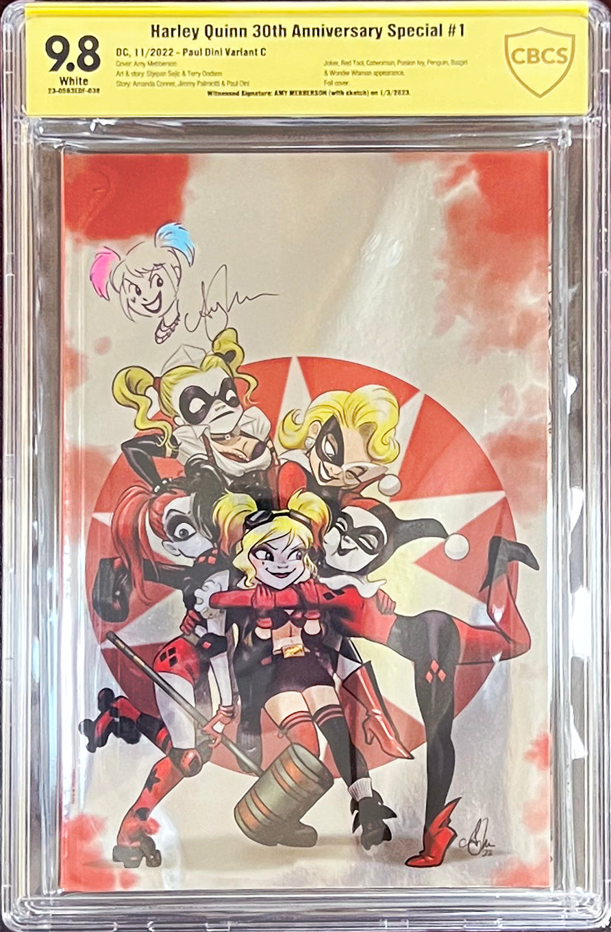 Harley Quinn 30th Anniversary Special #1 - Paul Dini Variant Foil Cover signed by Amy Mebberson with Remarque - CBCS 9.8